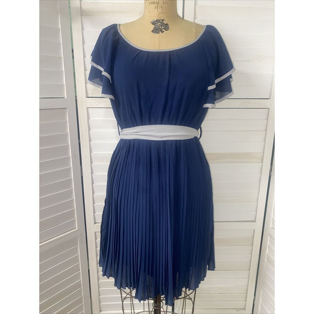 Ya Los Angeles Blue Fit N Flare Pleated Skirt Short Sleeve Ruffles Gray Trim Med